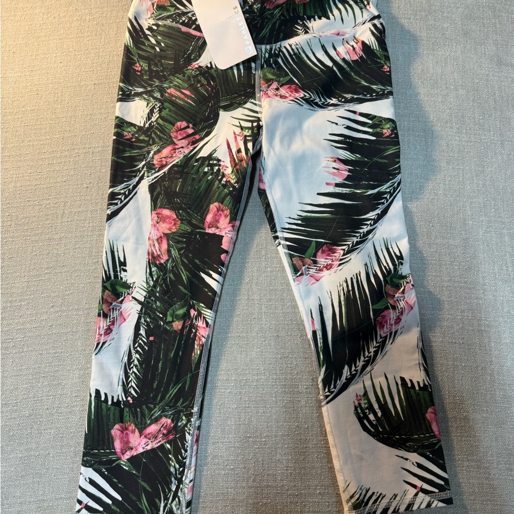 Fabletics Black and White Tropical Leggings with Pink Accents